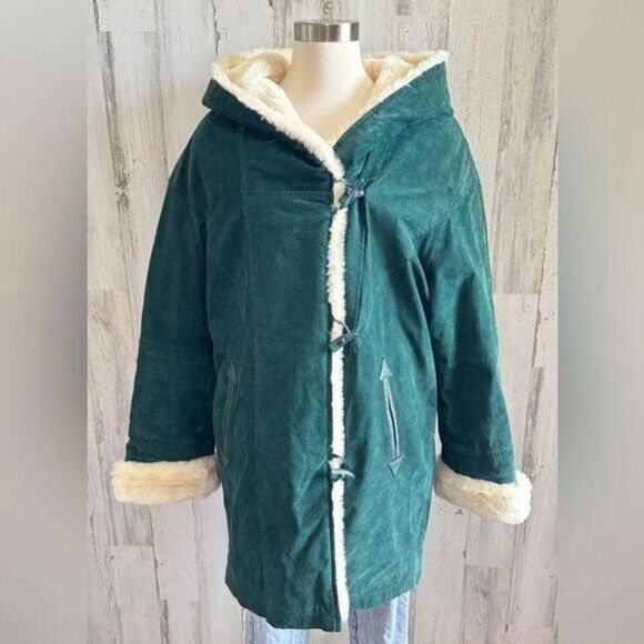 Vintage emerald green faux Shearling Lined Coat medium‎ leather toggle button - Picture 1 of 8